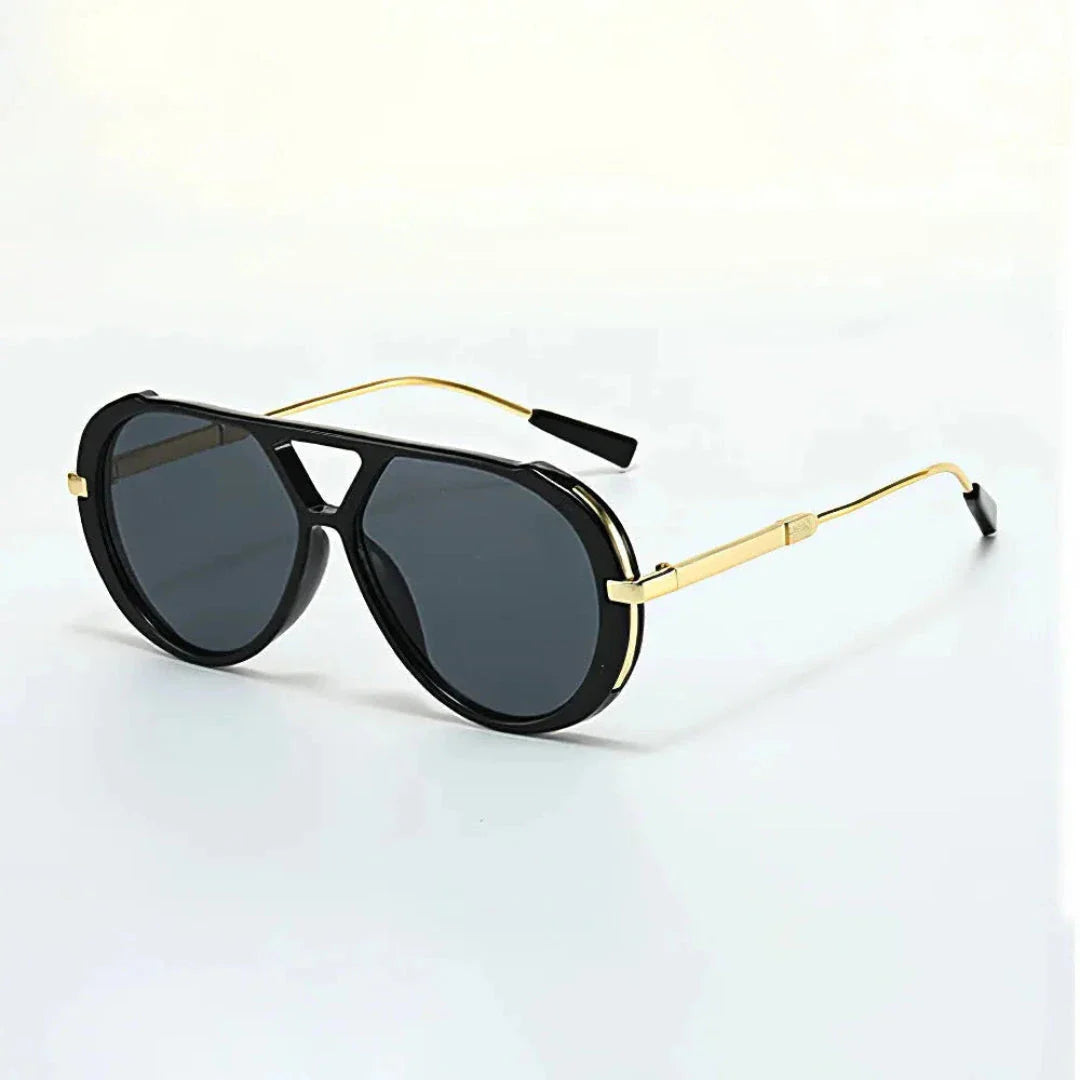 Oversized retro aviator sunglasses with gradient lenses, gold-tone metal arms, and acetate rims