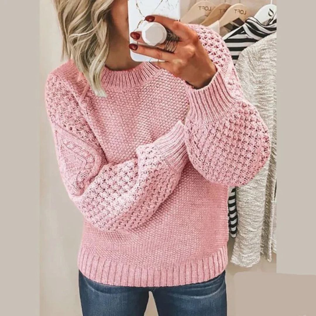 Women's chunky knit sweater relaxed fit with voluminous sleeves and ribbed edges cozy casual style