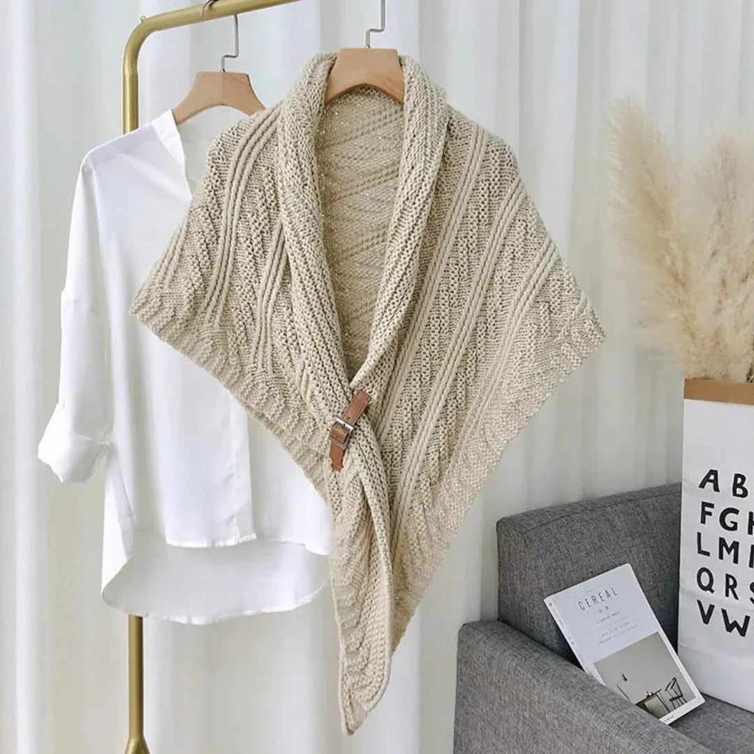 Petra chunky cable-knit shawl with adjustable buckle closure, cozy winter layering wrap