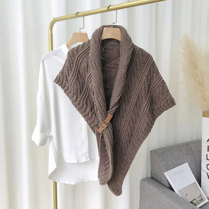 Petra chunky cable-knit shawl with adjustable buckle closure, cozy winter layering wrap