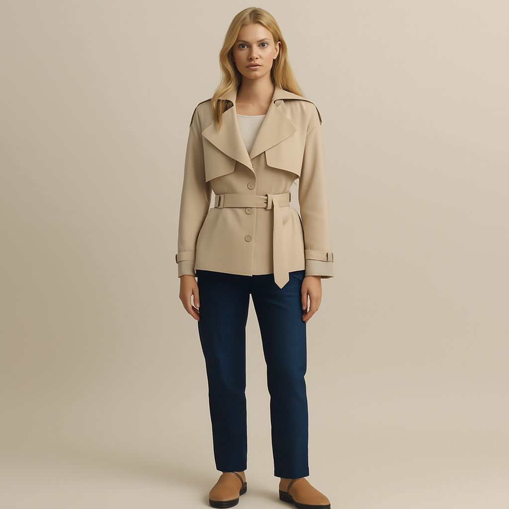 Women's short trench coat tailored silhouette defined waist classic timeless style polished feminine fit