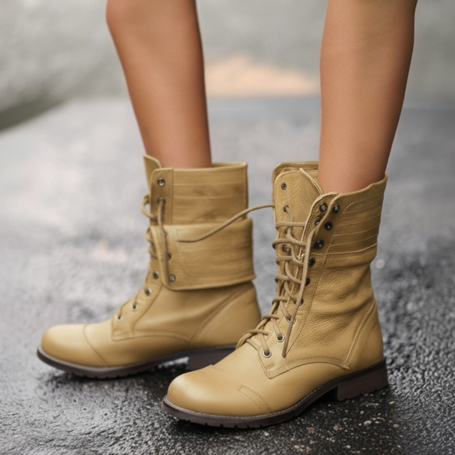 Women's vintage lace-up boots in brown leather mid-calf cut with classic eyelet detailing