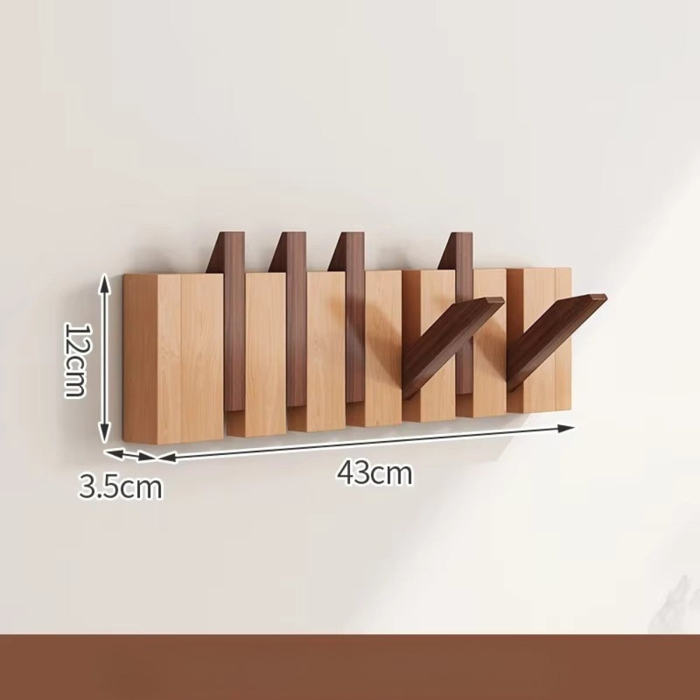 Modern wooden wall-mounted flip hook rack with foldable hooks, minimalist entryway organizer