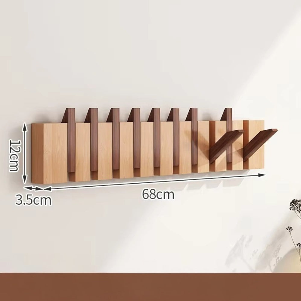 Modern wooden wall-mounted flip hook rack with foldable hooks, minimalist entryway organizer, natural wood