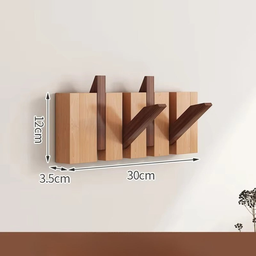 Modern wooden wall-mounted flip hook rack with foldable hooks, minimalist entryway organizer, natural wood finish