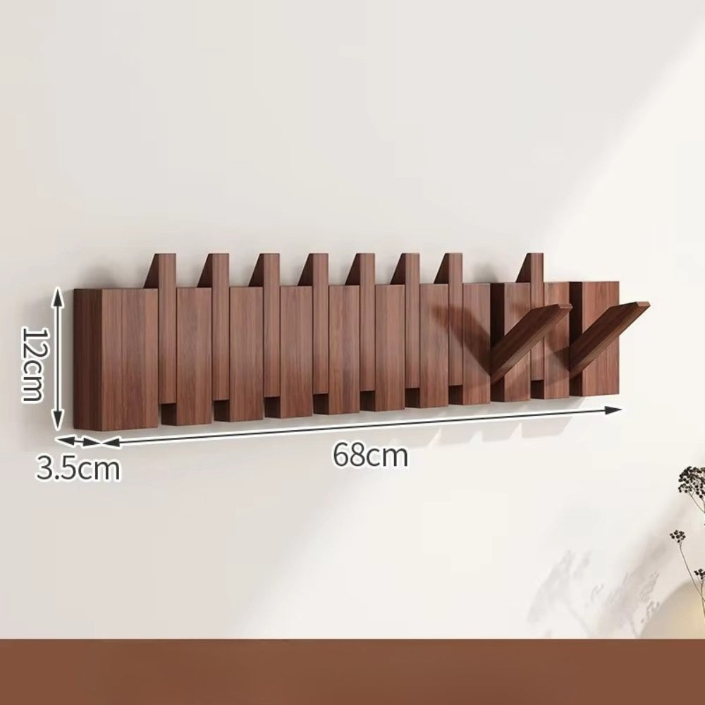 Modern wooden wall-mounted flip hook rack, minimalist entryway organizer with foldable hooks, natural wood finish