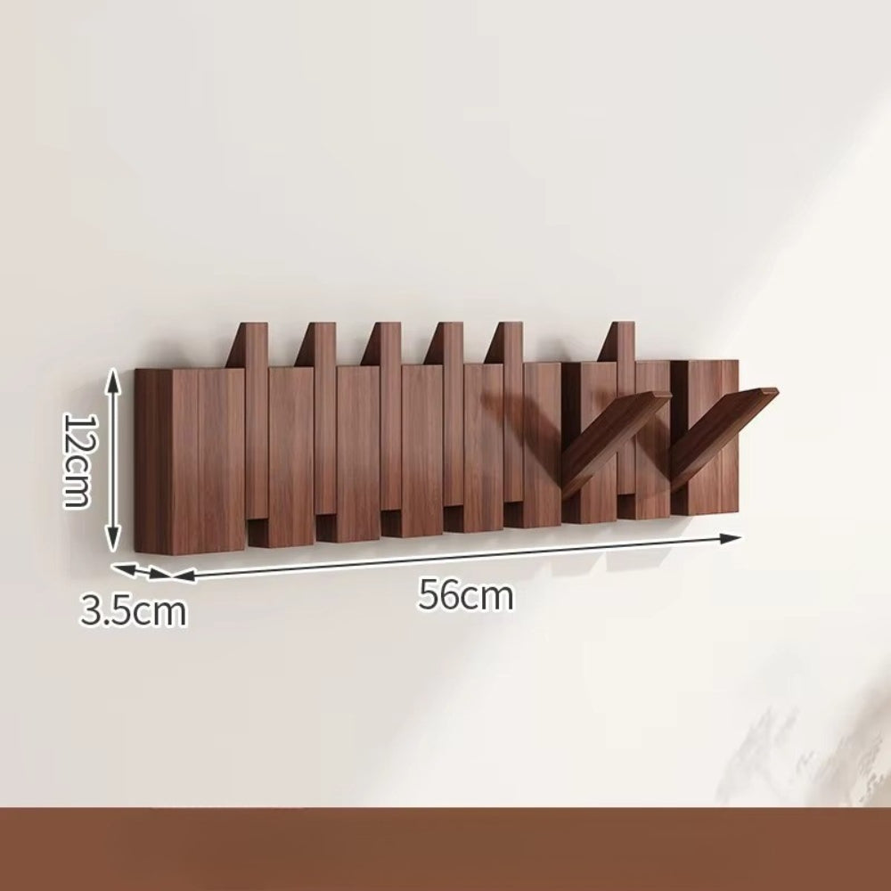 Modern wooden wall-mounted flip hook rack with foldable hooks, minimalist entryway organizer, natural wood