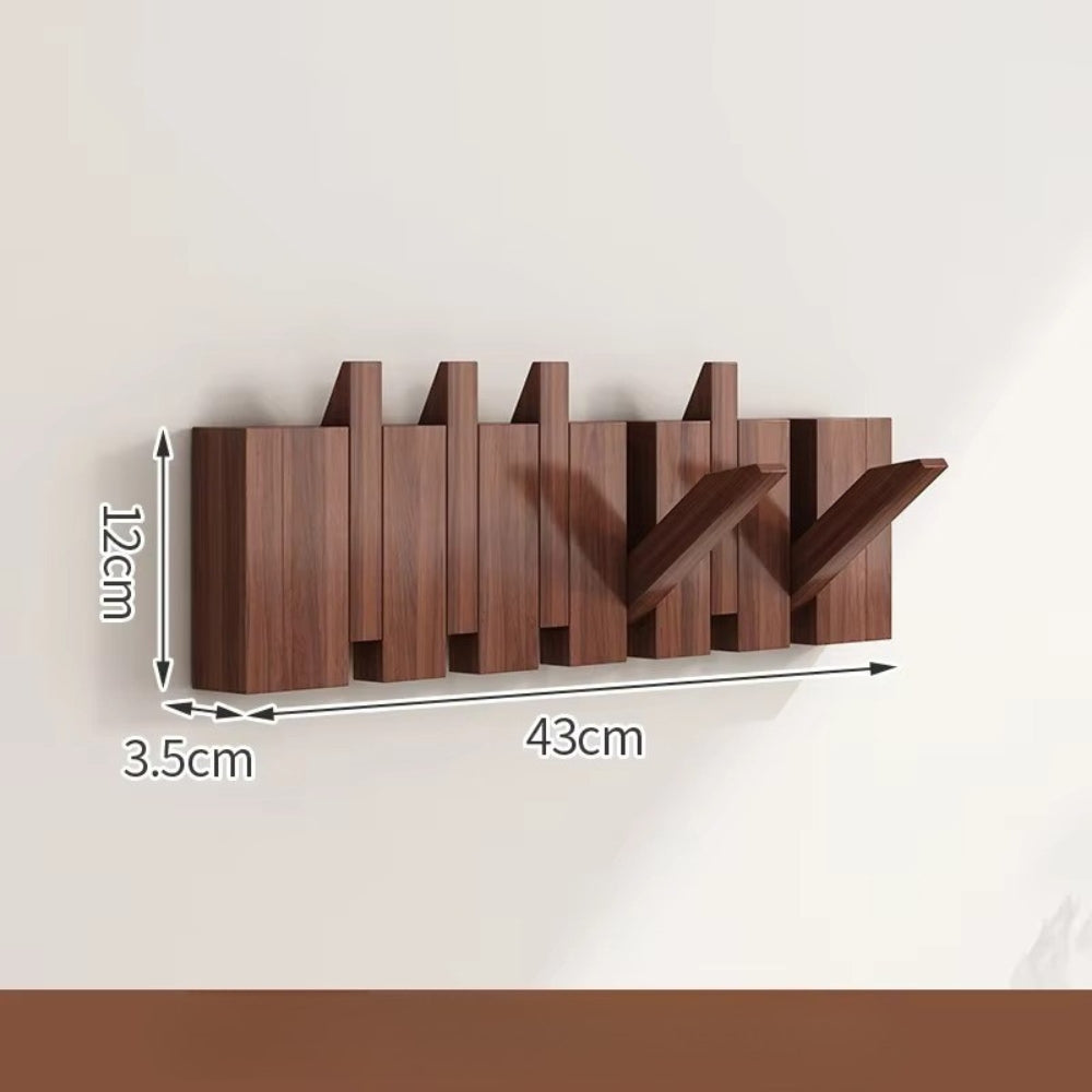 Modern wooden wall-mounted flip hook rack with foldable hooks, minimalist entryway organizer