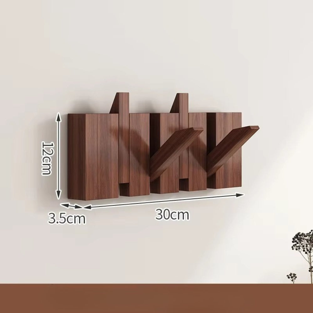 Modern wooden wall-mounted flip hook rack with foldable hooks, minimalist entryway organizer