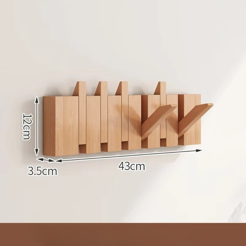Modern wooden flip hook rack with foldable hooks, minimalist wall-mounted entryway organizer, natural wood finish