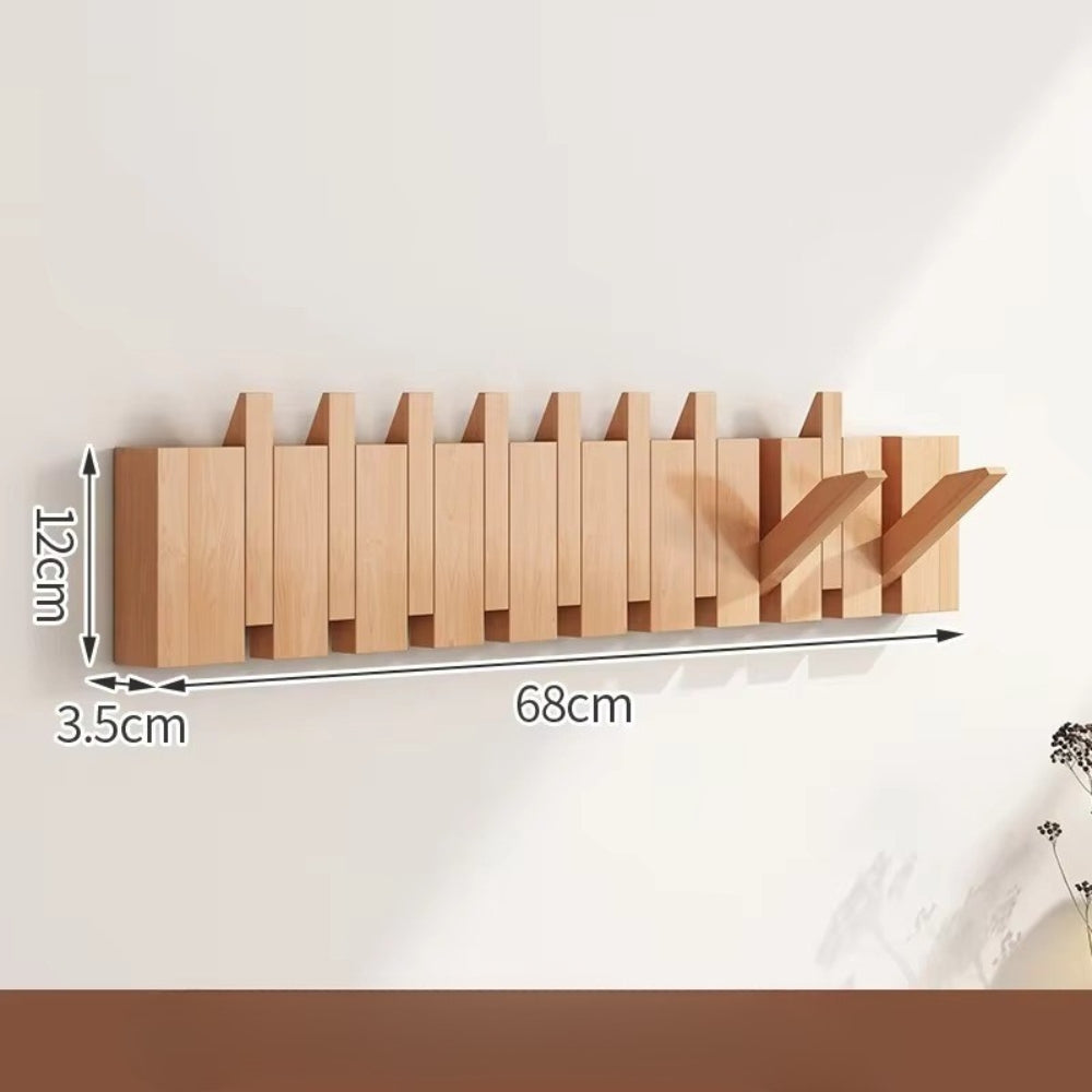 Modern wooden wall-mounted flip hook rack, minimalist entryway organizer with foldable space-saving hooks