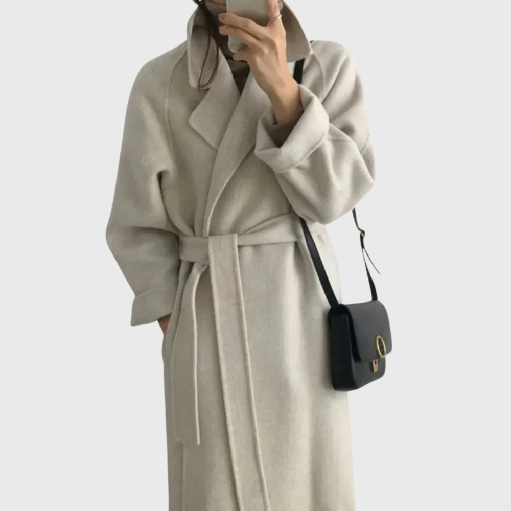 Women's camel belted overcoat tailored silhouette premium fabric blend timeless classic style