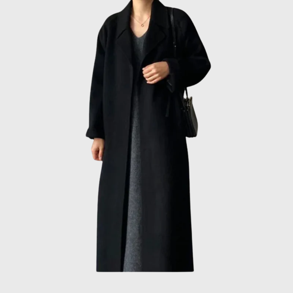 Women's belted overcoat in neutral tone, tailored streamlined fit with classic premium fabric blend