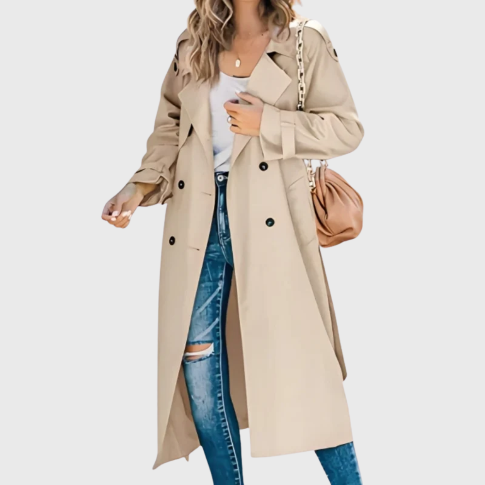 Liana lightweight beige trench coat sleek tailored silhouette breathable fabric classic belt detail