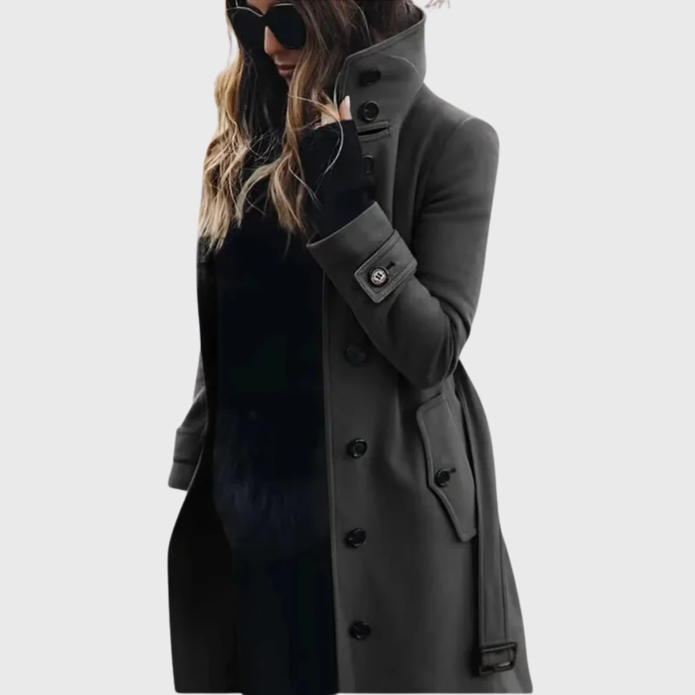 Beige water-repellent longline trench coat with classic tailored silhouette and sleek streamlined fit