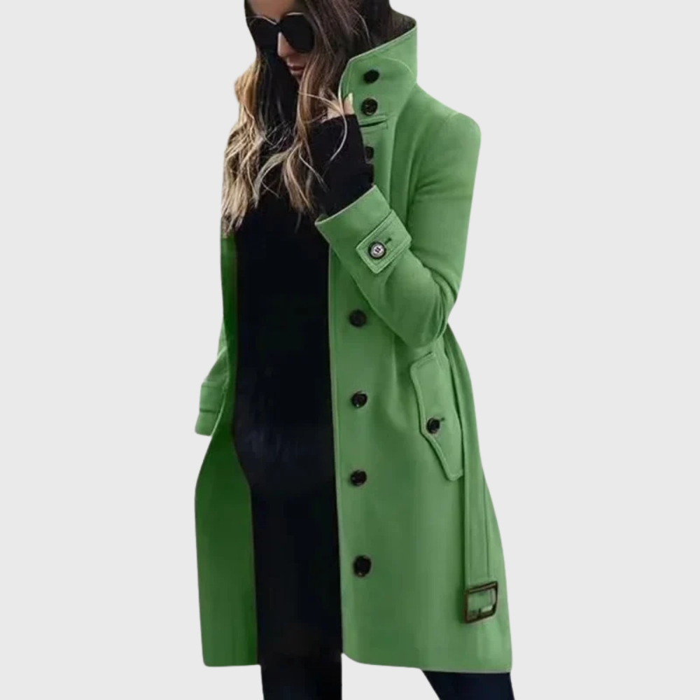 Beige water-repellent long trench coat tailored longline silhouette with classic belt detail