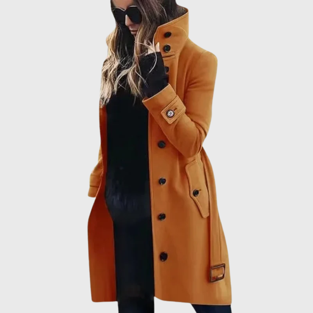 Beige water-repellent long trench coat tailored longline silhouette with classic all-weather details