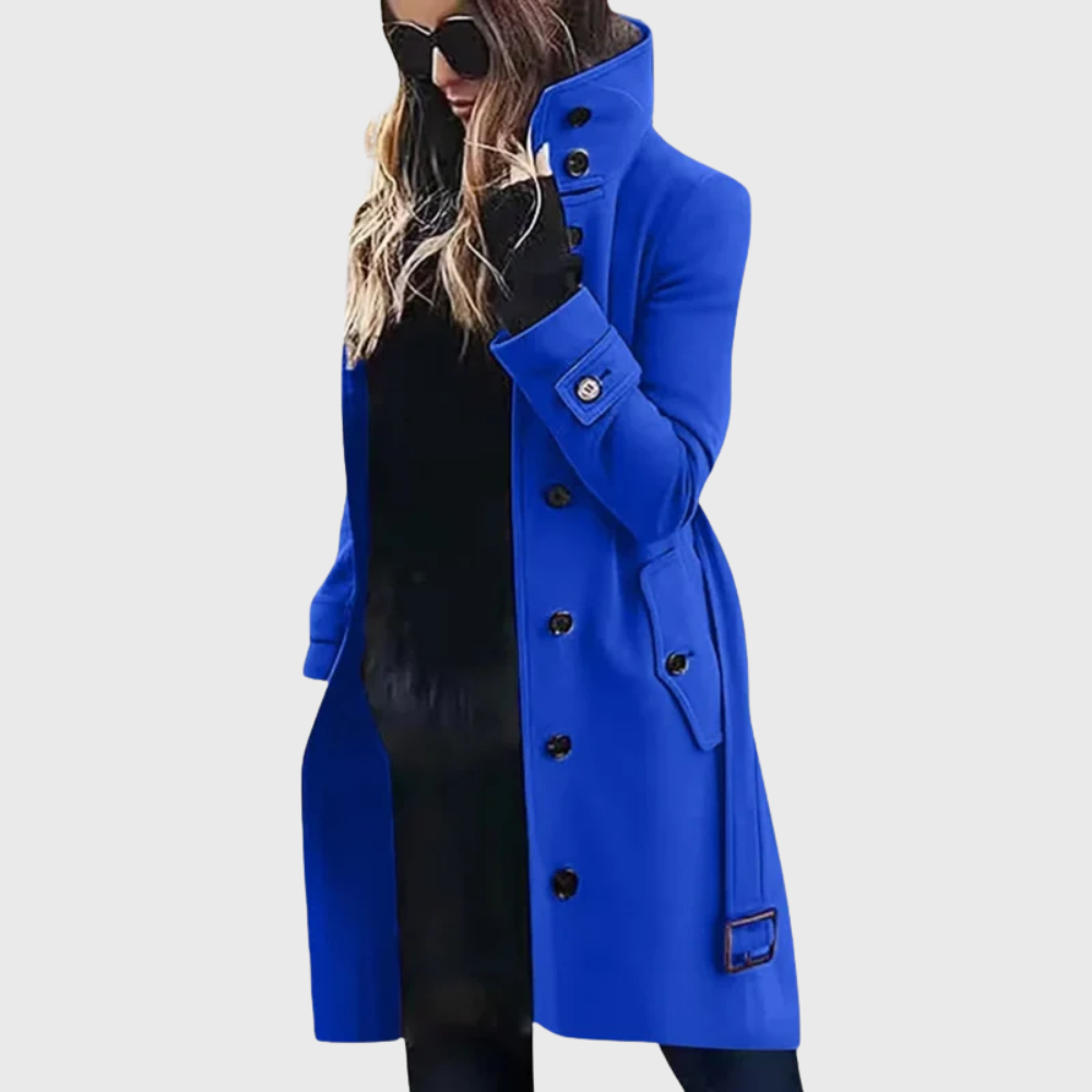 Beige water-repellent long trench coat tailored silhouette with classic belt and streamlined longline cut