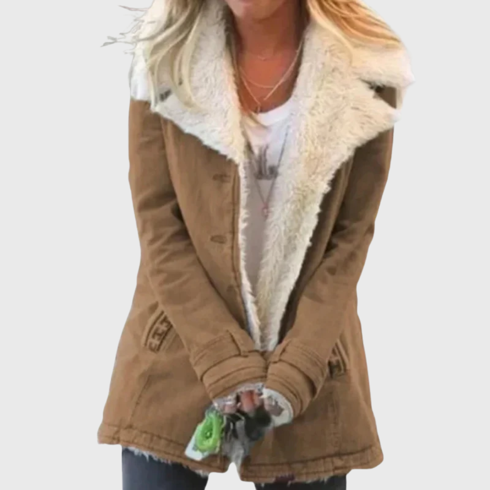 Women's warm winter coat in classic style, tailored streamlined fit with insulated soft fabric