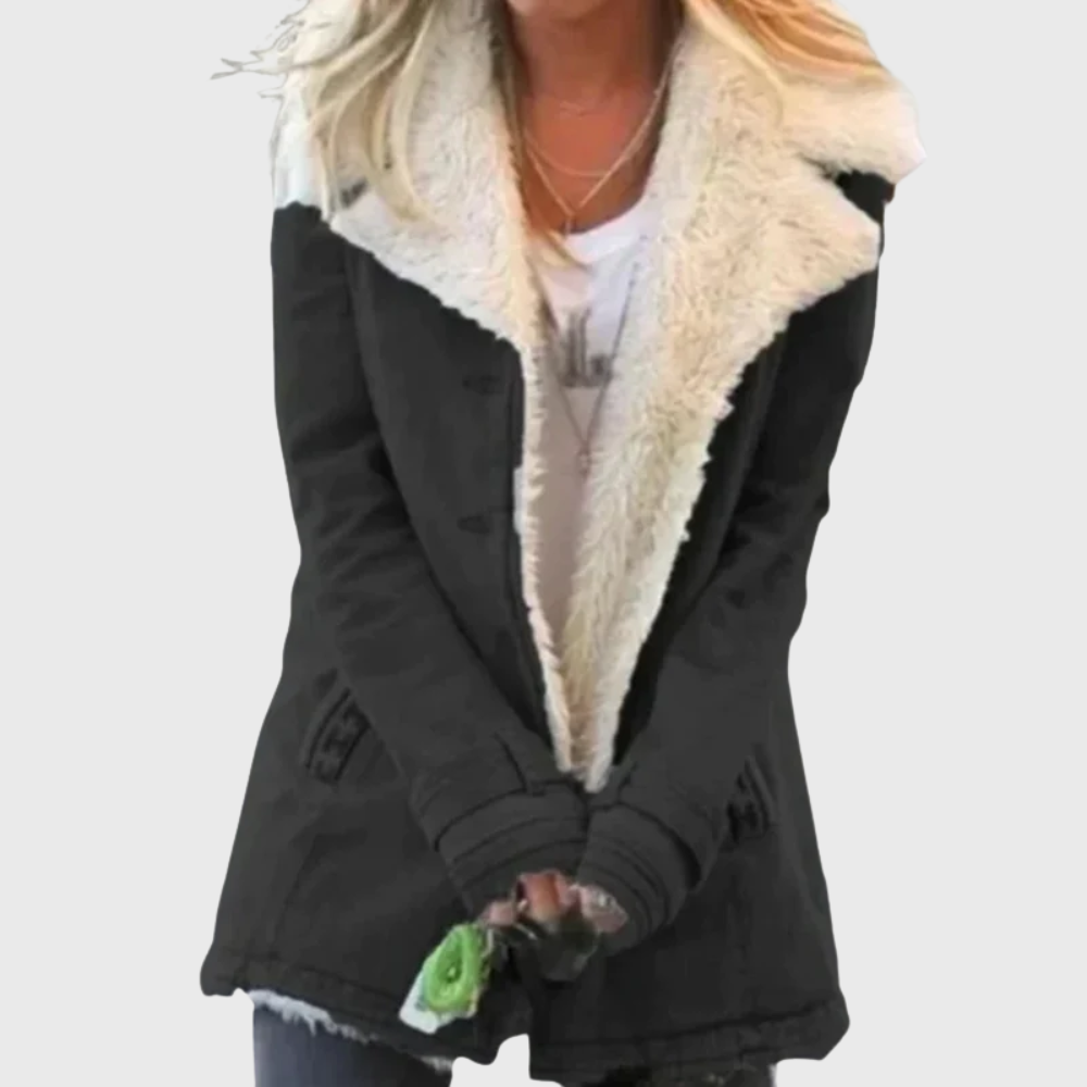 Women's warm winter coat in classic neutral tone, tailored silhouette with insulated fabric for cold days