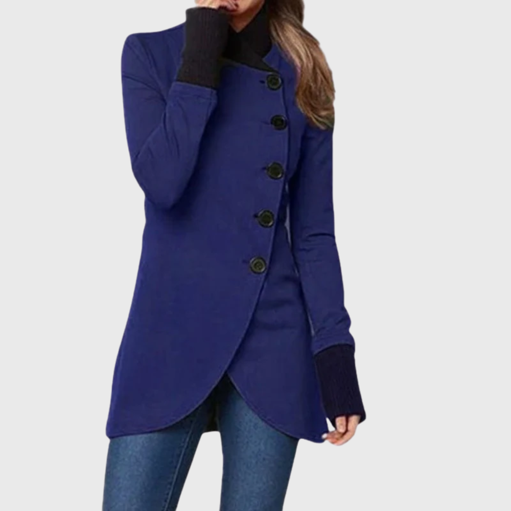 Women's warm winter coat in neutral tone, tailored silhouette with insulated fabric and classic elegant design