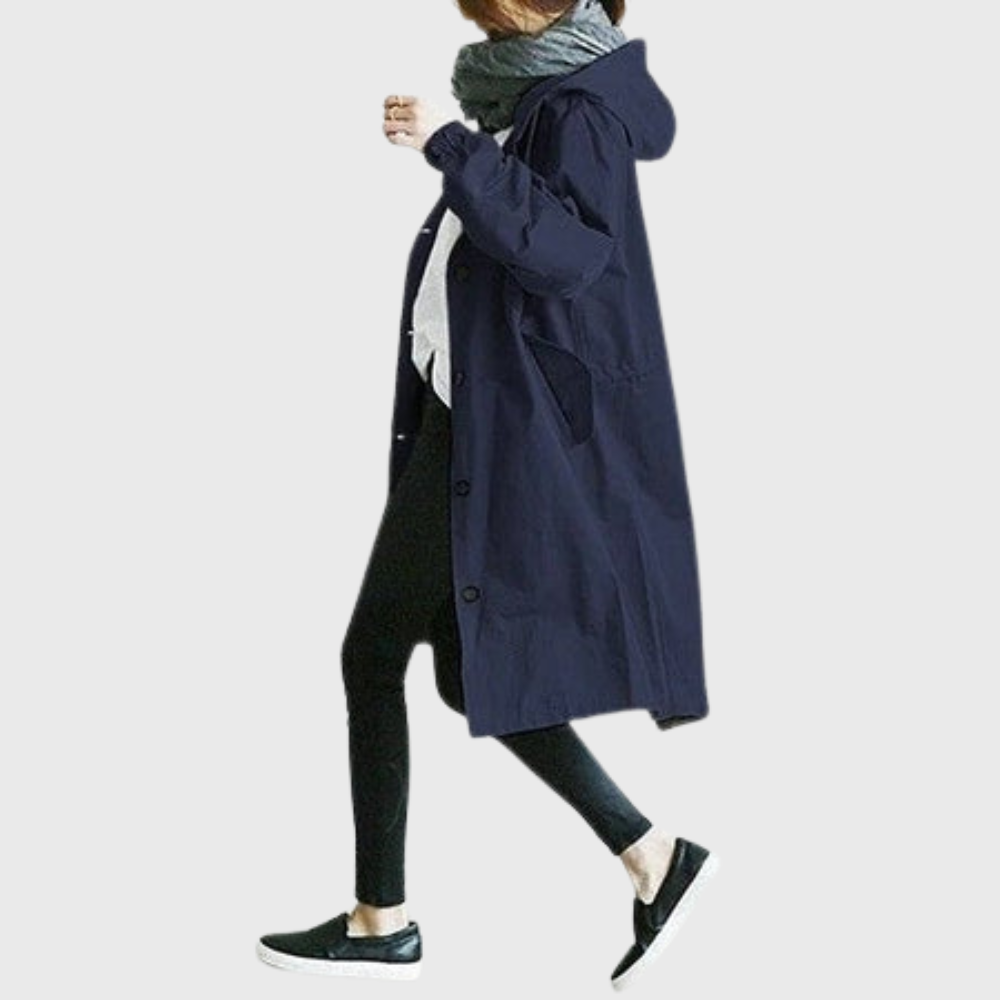 Waterproof beige trench coat sleek tailored silhouette with classic belt and water-resistant fabric