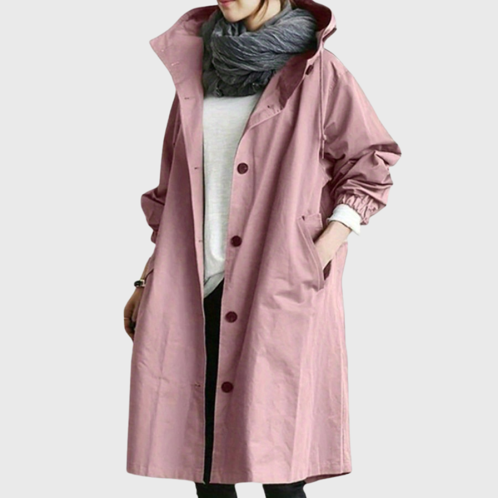 Waterproof beige trench coat sleek tailored silhouette with classic belt and water-resistant fabric