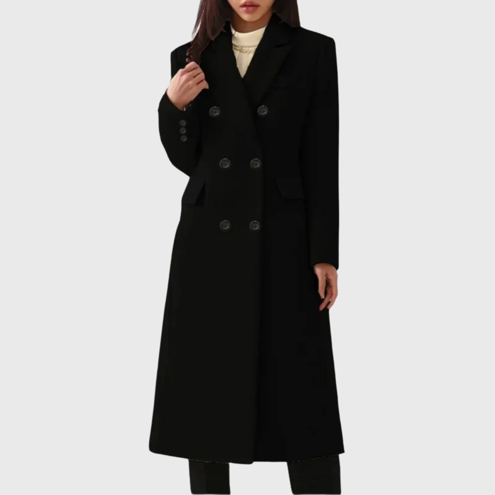 Women's warm overcoat taupe tailored silhouette premium fabric blend cozy sophisticated winter coat