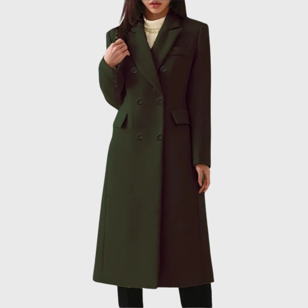 Women's warm overcoat taupe premium fabric blend tailored streamlined silhouette elegant classic cut