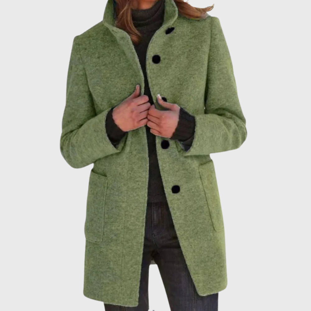 Beige tailored overcoat with streamlined silhouette and classic elongating cut for timeless elegance
