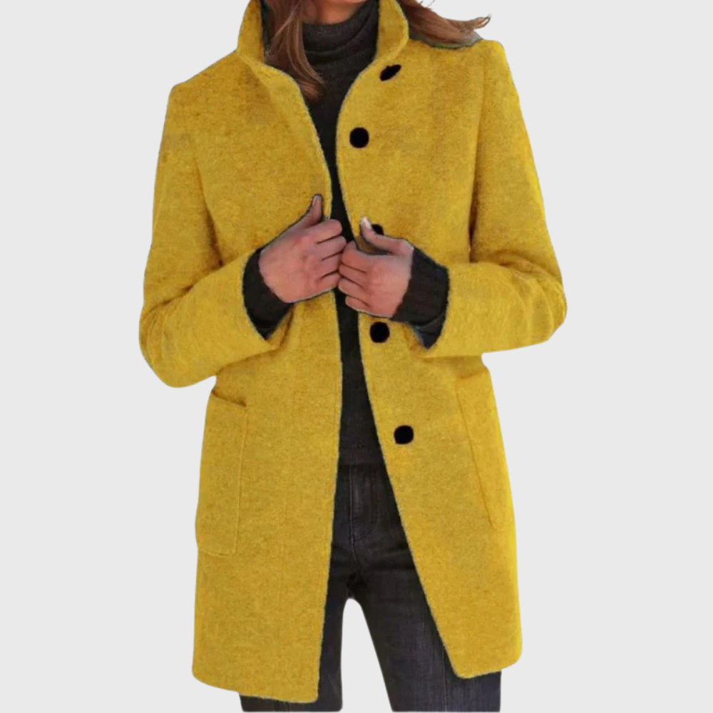 Beige tailored overcoat with streamlined silhouette and classic polished design for timeless elegance