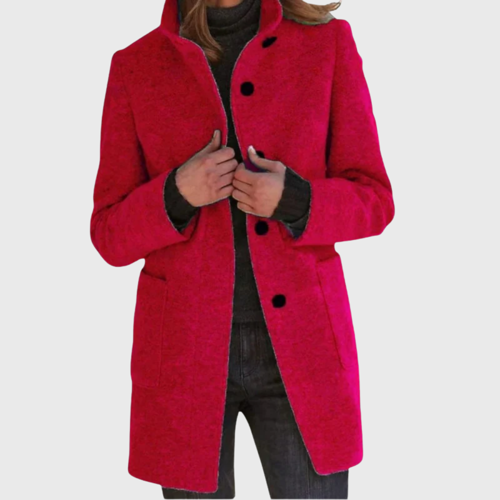 Beige tailored overcoat with streamlined silhouette and elongating flattering cut for polished style