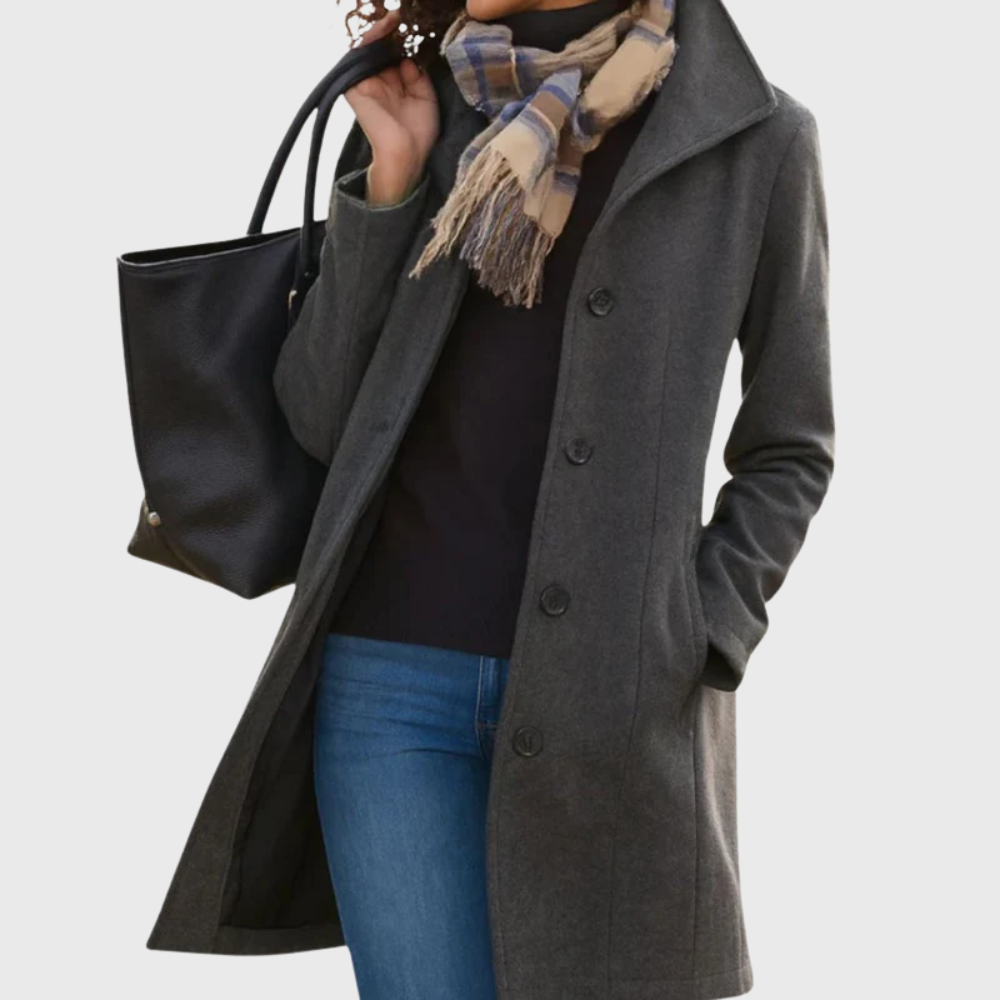 Kimmy beige longline coat flattering streamlined silhouette with classic structured design