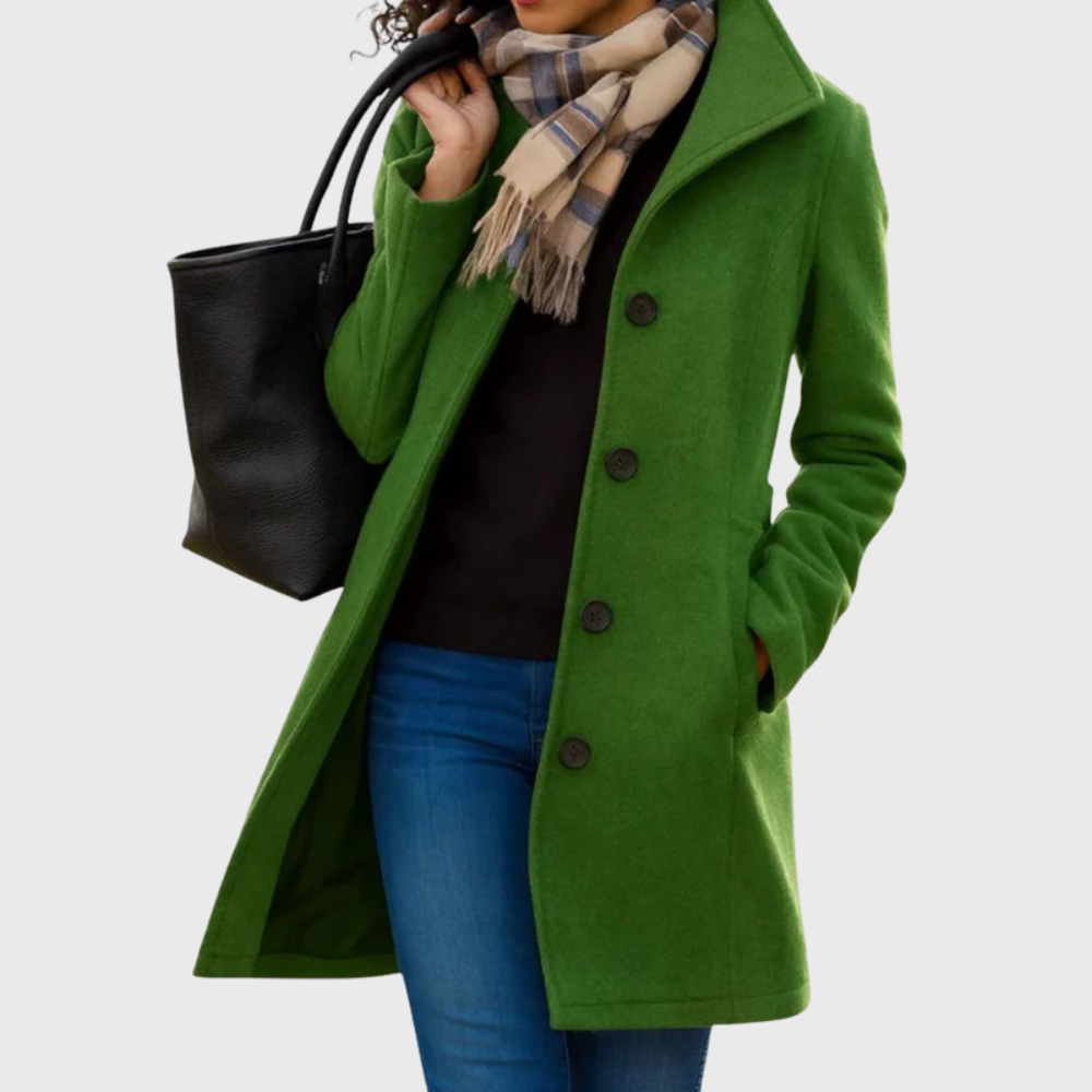 Kimmy black longline coat with streamlined silhouette and elegant classic tailored design