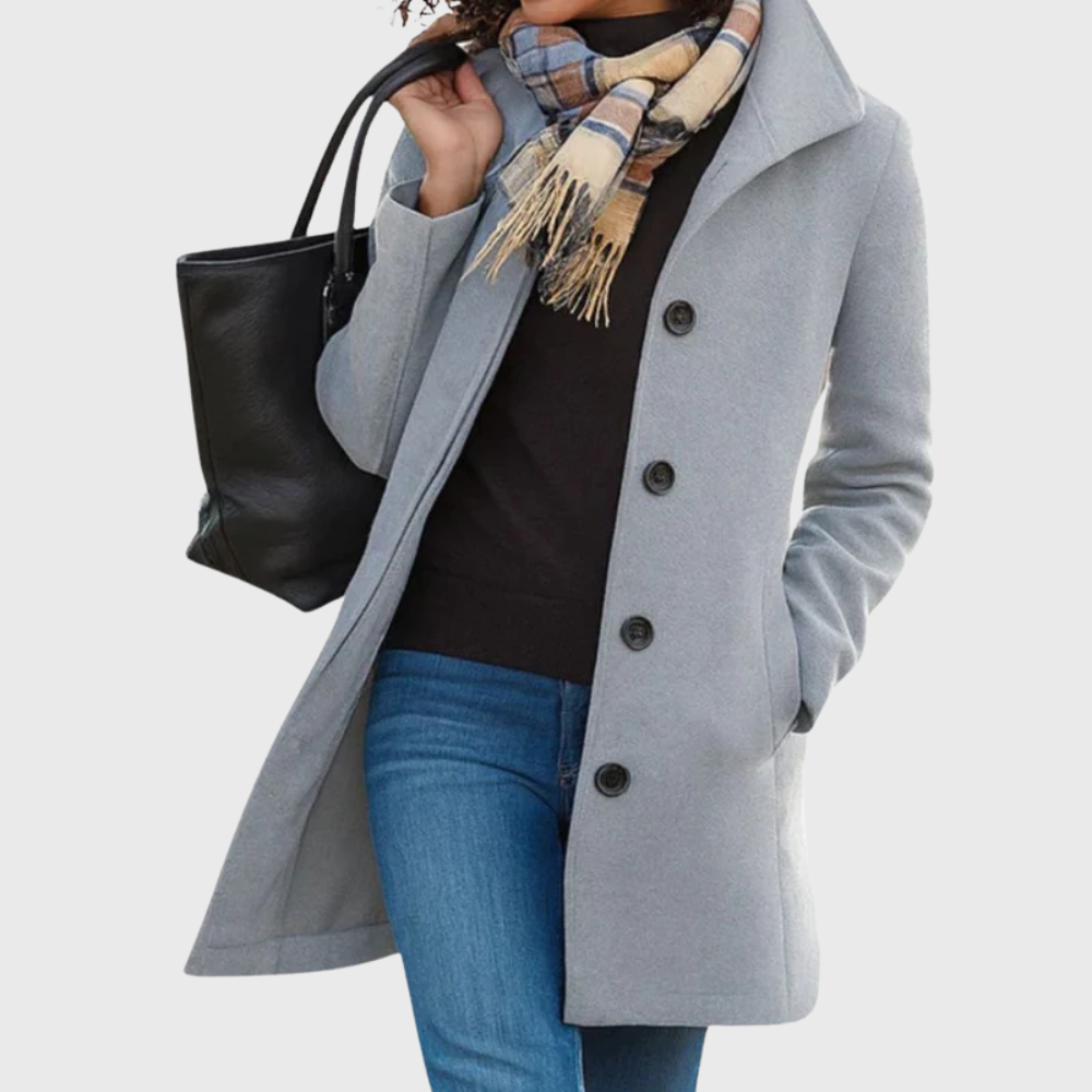 Women's longline coat black elegant structured silhouette flattering streamlined fit timeless style