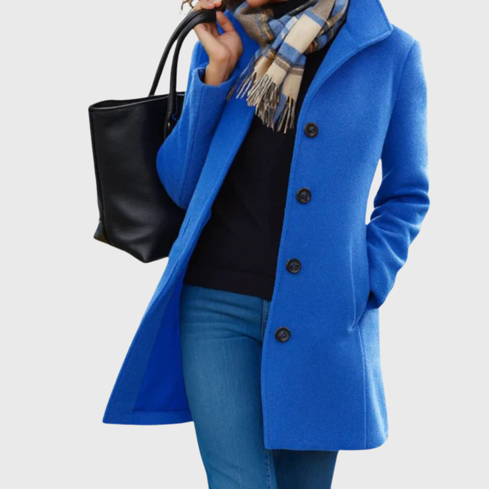 Women's black longline coat flattering streamlined silhouette with classic elegant design