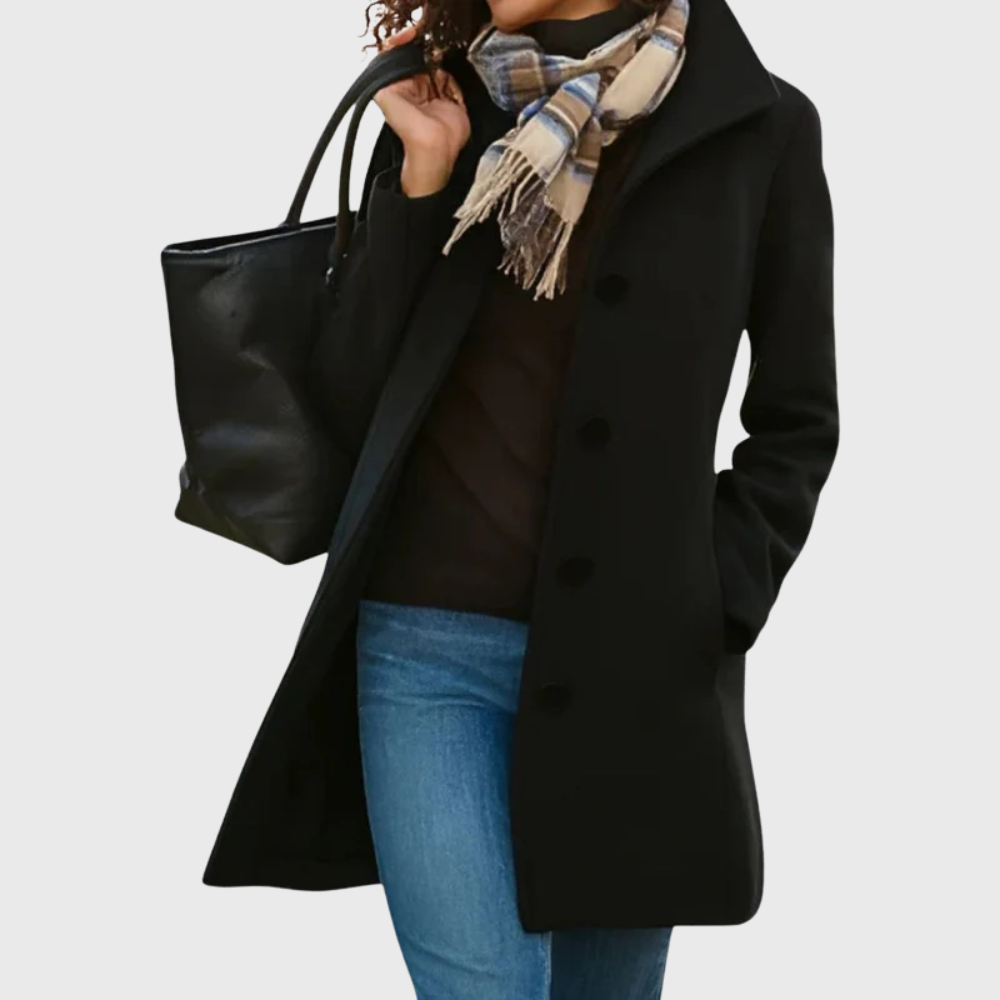 Kimmy black longline coat with streamlined silhouette and elegant structured fit for a polished look