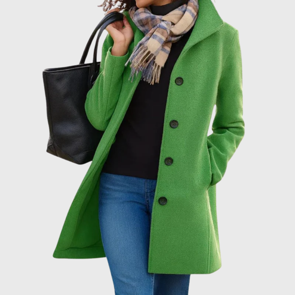 Women's beige longline coat with streamlined silhouette and classic structured design for elegant style