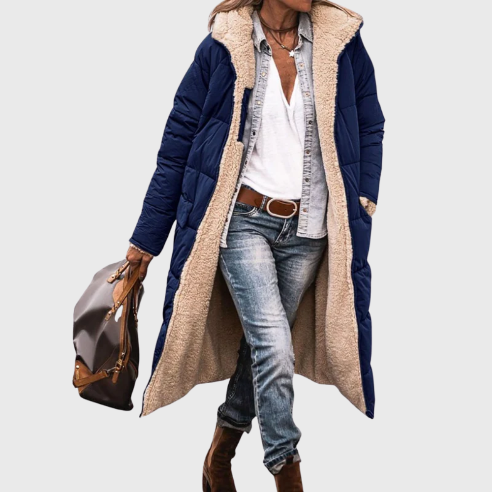 Black reversible lined puffer coat with streamlined tailored fit and plush insulated interior