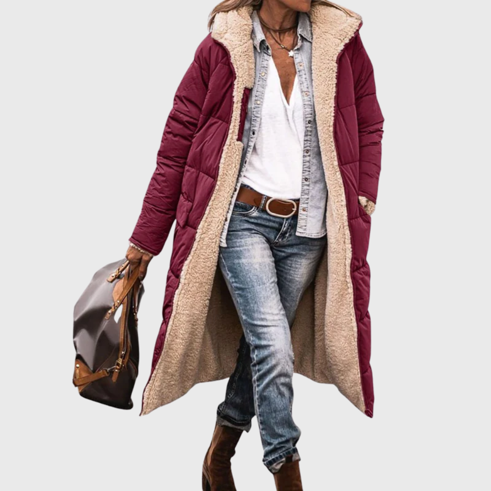 Black reversible lined puffer coat with streamlined tailored fit and plush insulated interior