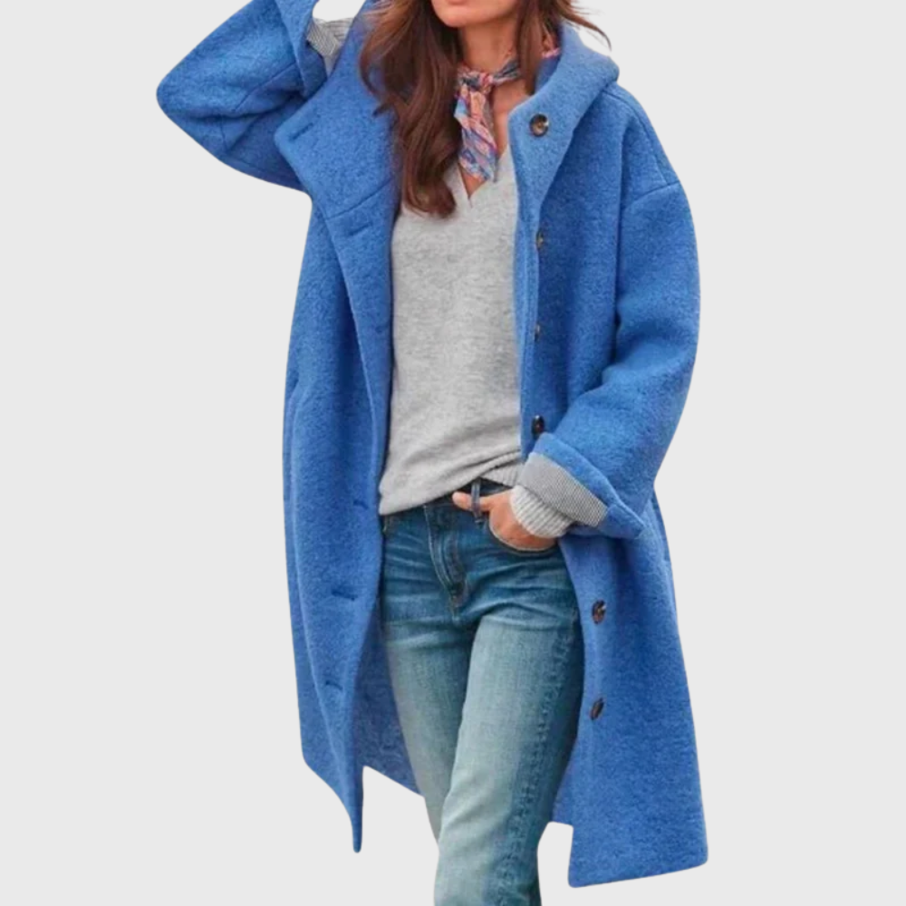 Women's warm classic coat in neutral tones, tailored silhouette with elegant streamlined fit
