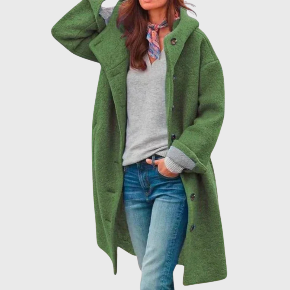 Warm classic tailored coat in neutral tones with flattering streamlined silhouette and soft fabric