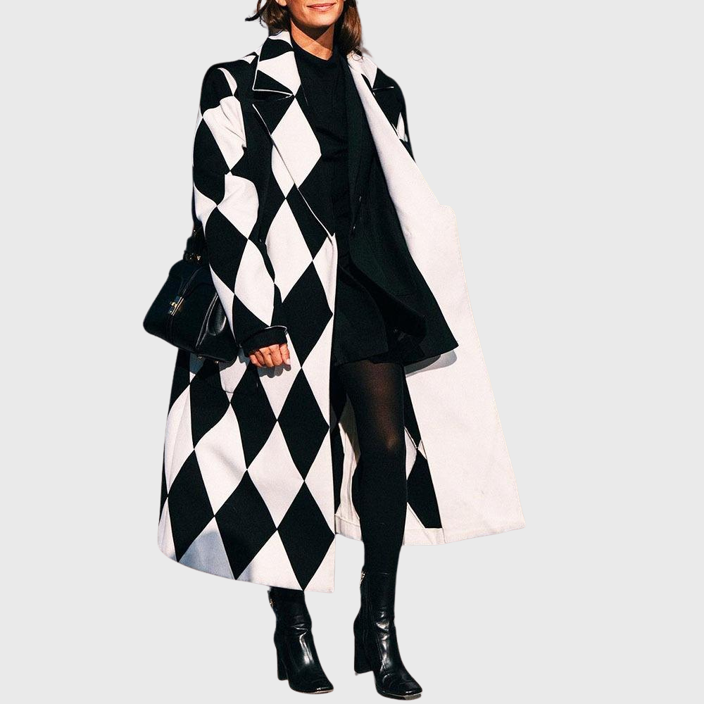 Elegant black longline coat with sleek silhouette and structured flattering cut for refined style