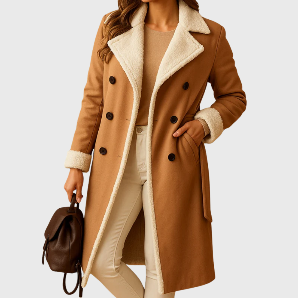 Women's warm longline winter coat in neutral tones with luxuriously soft fabric and elegant extended silhouette