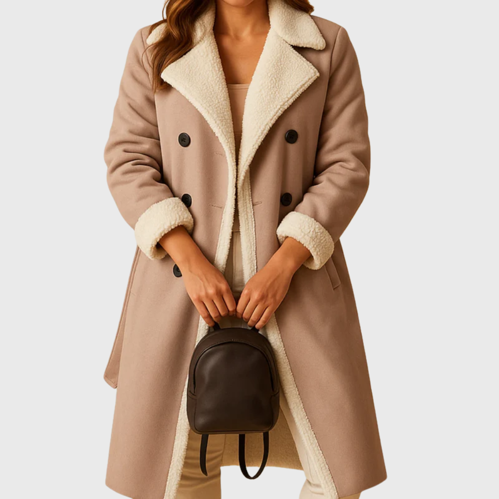 Women's camel longline winter coat with soft luxurious fabric and elegant streamlined silhouette