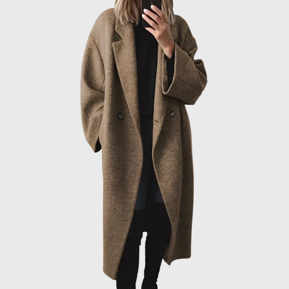 Camel longline overcoat relaxed silhouette luxuriously soft fabric timeless elegant design