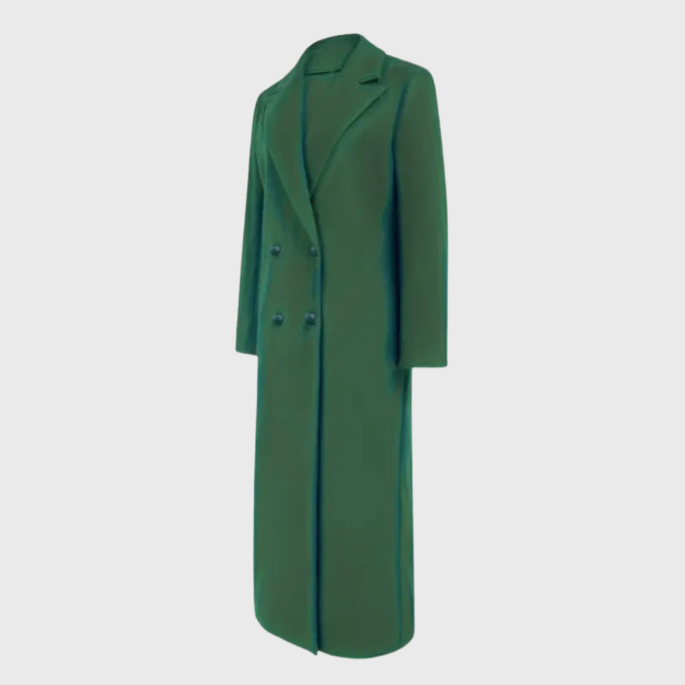 Beige longline winter trench coat with sleek silhouette, insulated fabric, and classic structured details