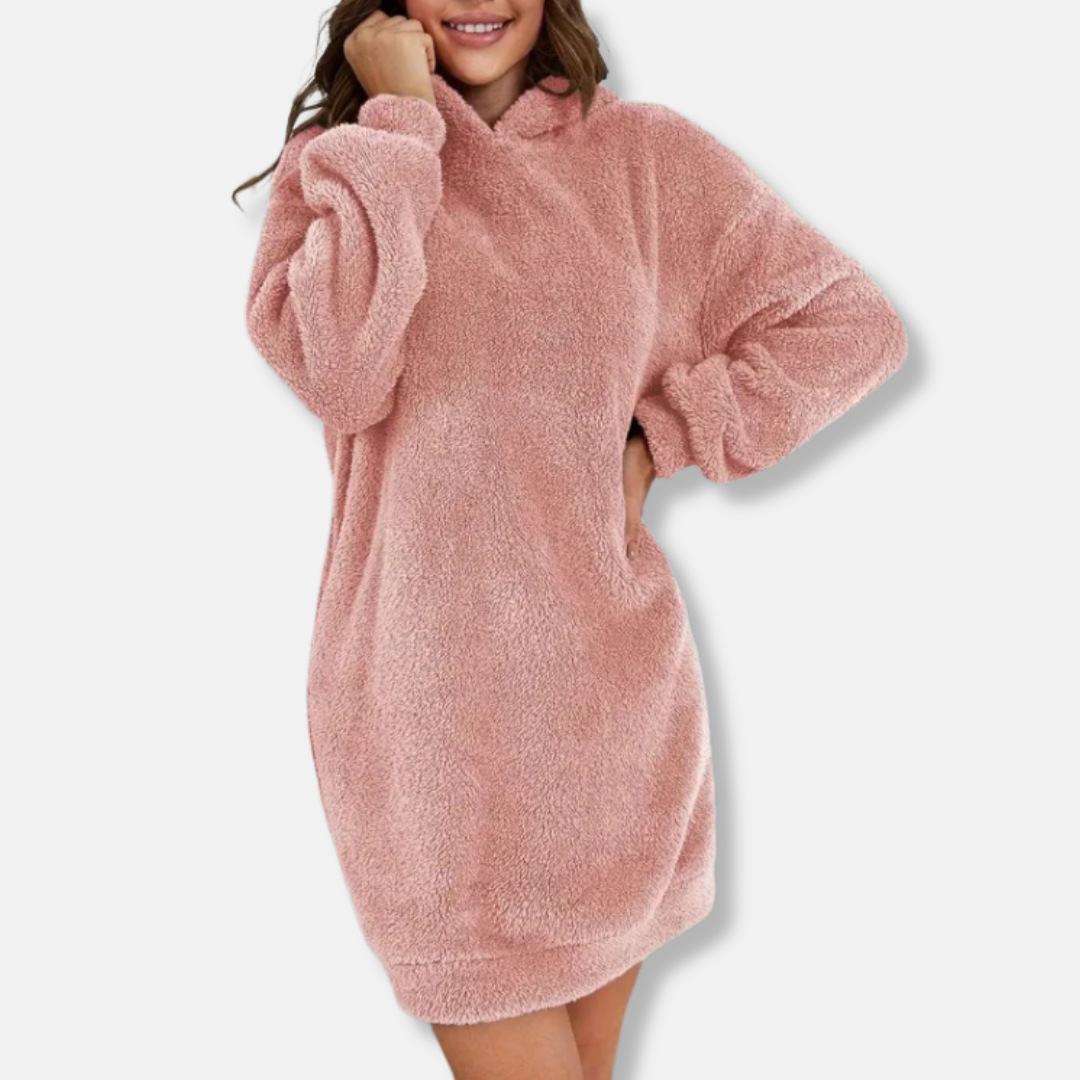 Women's oversized fleece hoodie mini dress long sleeve lounge wear with ribbed cuffs