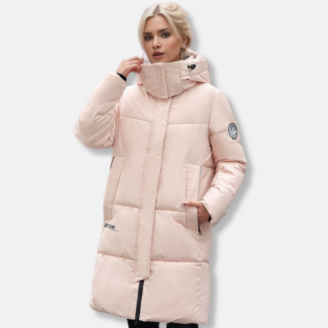 Wavlynn women's mid-thigh puffer coat in neutral tone with high collar integrated hood