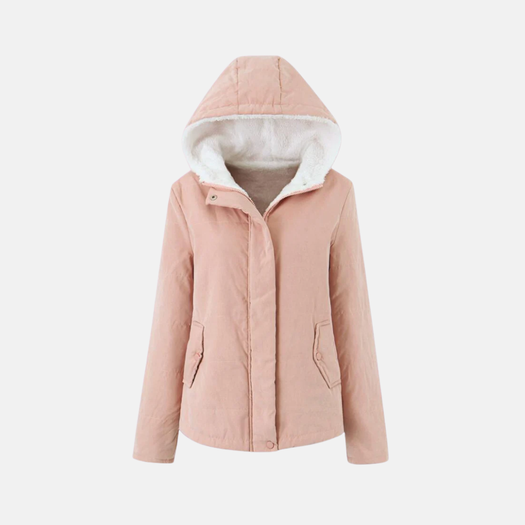 Women's blue quilted padded hooded jacket with fleece lining and snap closure for everyday warmth